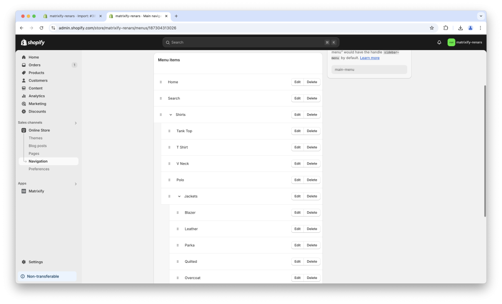 8 - final bulk updated Shopify Menu Item positions with Matrixify spreadsheet