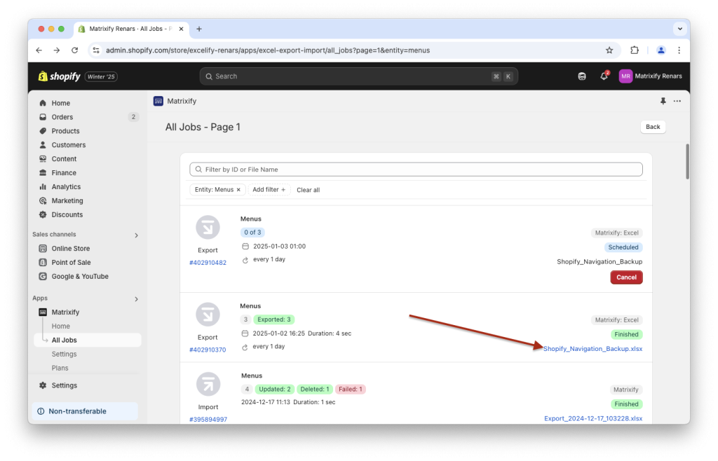 8. Download Shopify Menu backup file from Matrixify