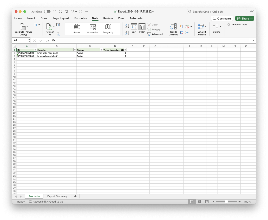 8. Edited filtered file Shopify Products Matrixify Excel XLSX CSV