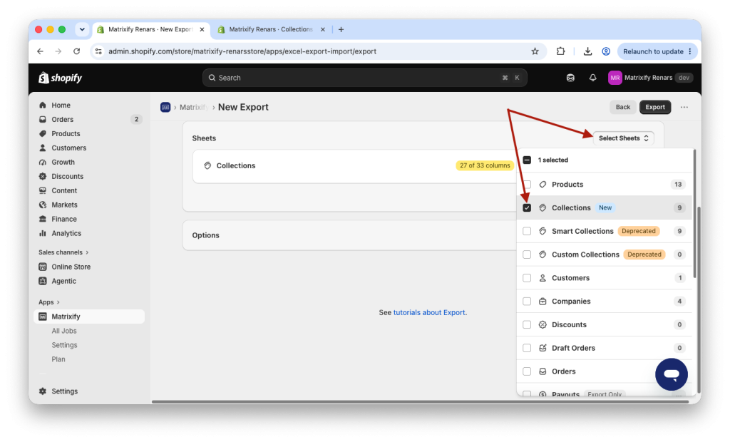 8. Export multi-source Shopify Collections with Matrixify