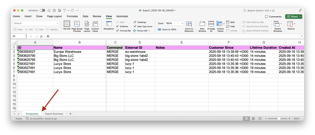 8. Exported Matrixify spreadsheet tabs