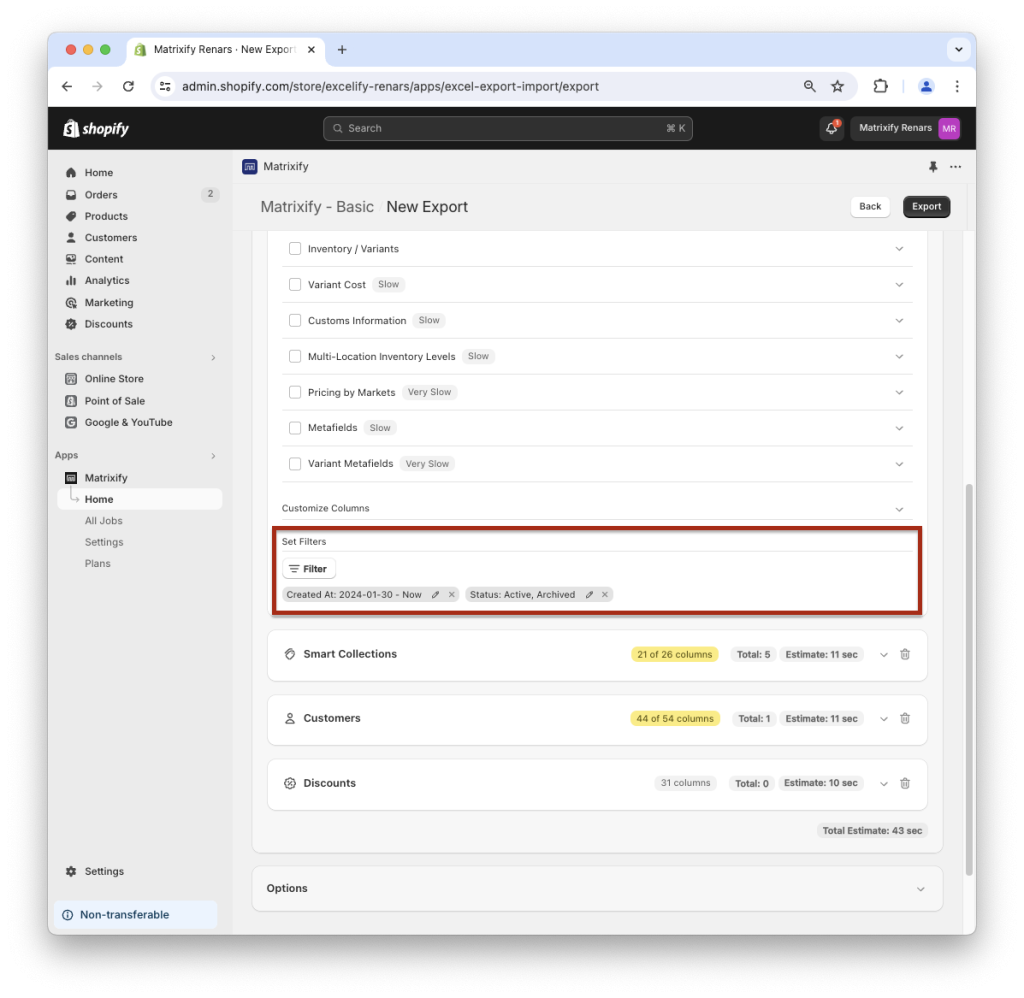 8. Filter Shopify data export Matrixify app