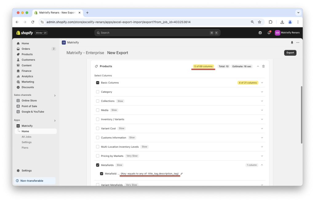 8. Finalize export for Shopify Products with Matrixify