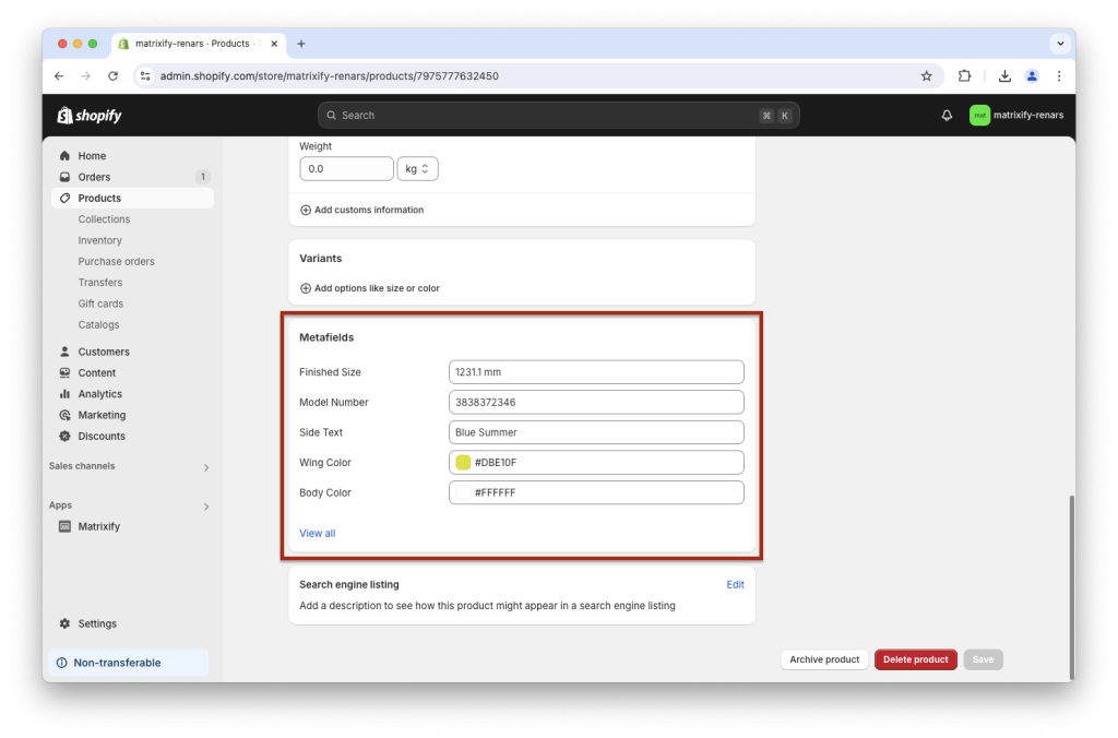 8. finished updated Shopify custom Metafields with Matrixify in bulk