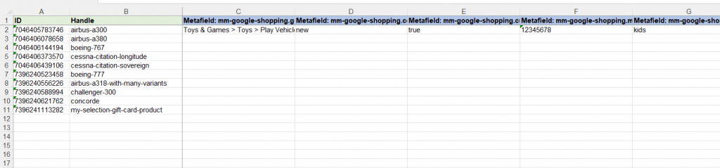 9 - exported Google Shopping fields Metafields Shopify bulk export import update Excel CSV Matrixify