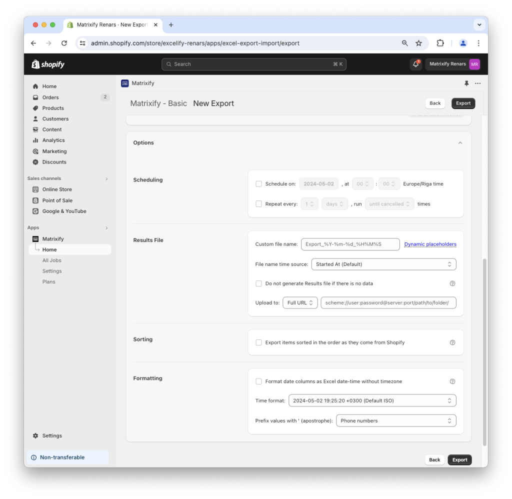 9. Customize export Matrixify app export options Shopify data
