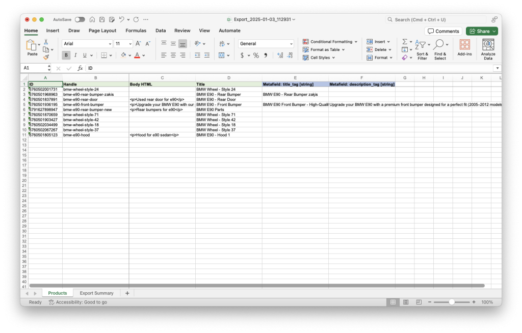 9. Exported Shopify Product SEO details file with Matrixify Excel XLSX CSV spreadsheet