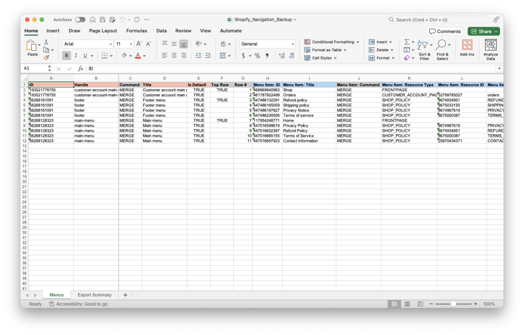9. Exported spreadsheet Shopify Navigation Menu restore backup