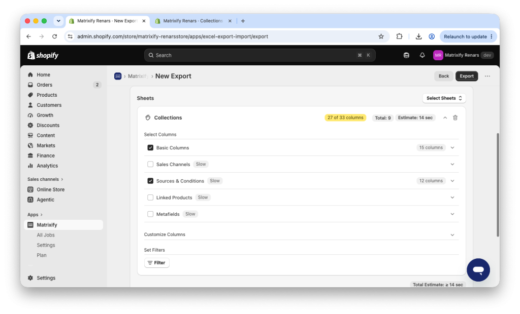 9. Matrixify app - Customize your Shopify collections export