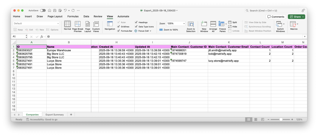 9. Shopify B2B Company basic details in spreadsheet