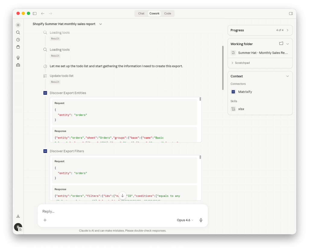 AI Claude creates exports Shopify data using Matrixify MCP connection
