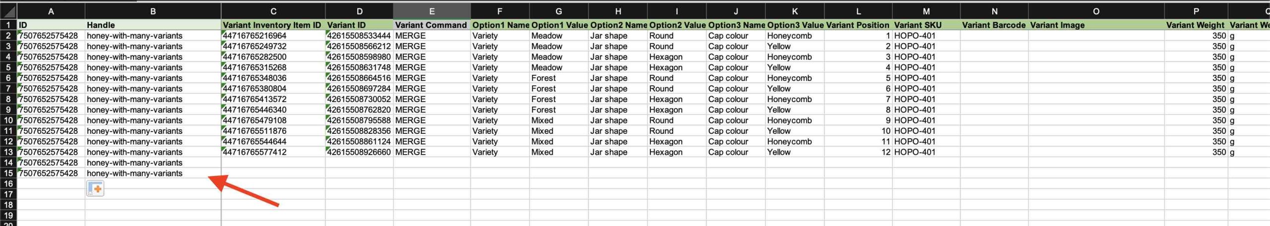 Added two new rows to the file with the ID and Handle column value