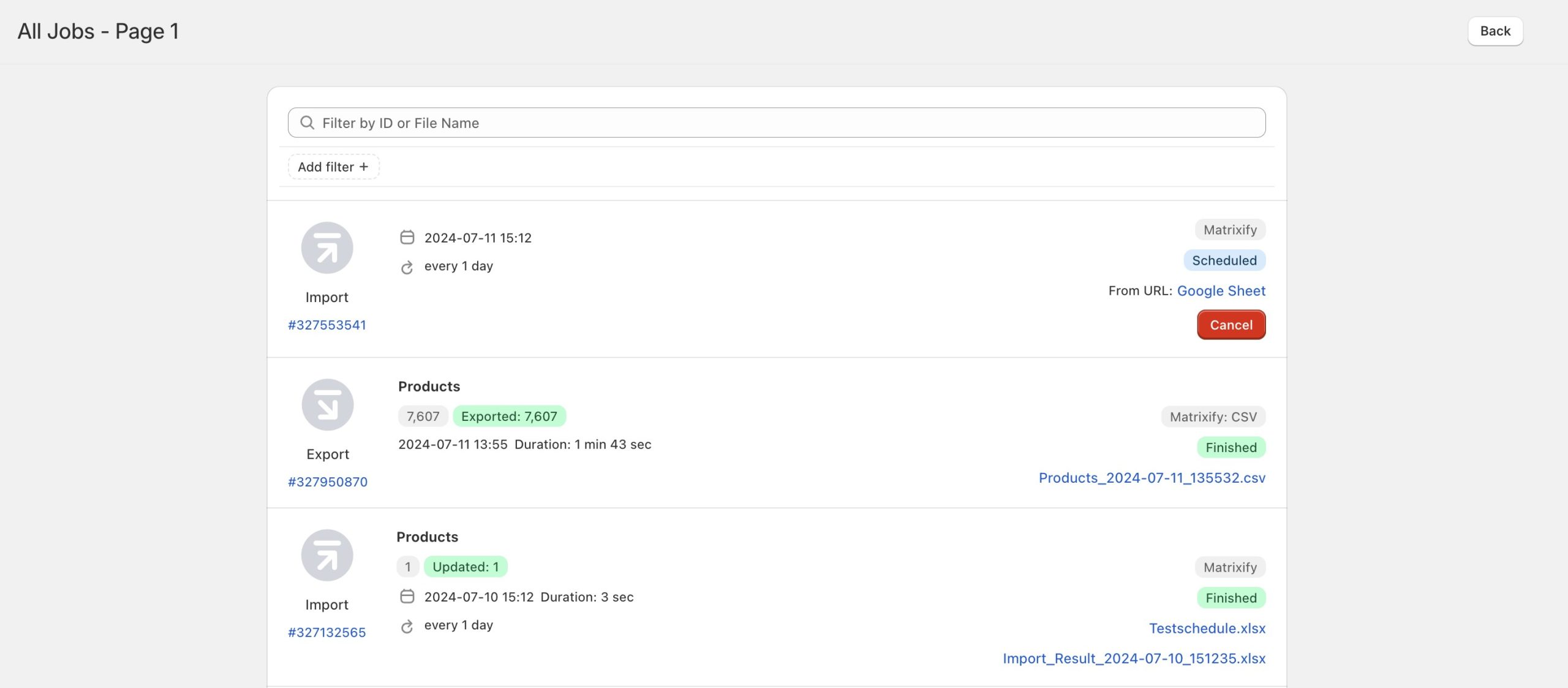 All Jobs page in the Matrixify app