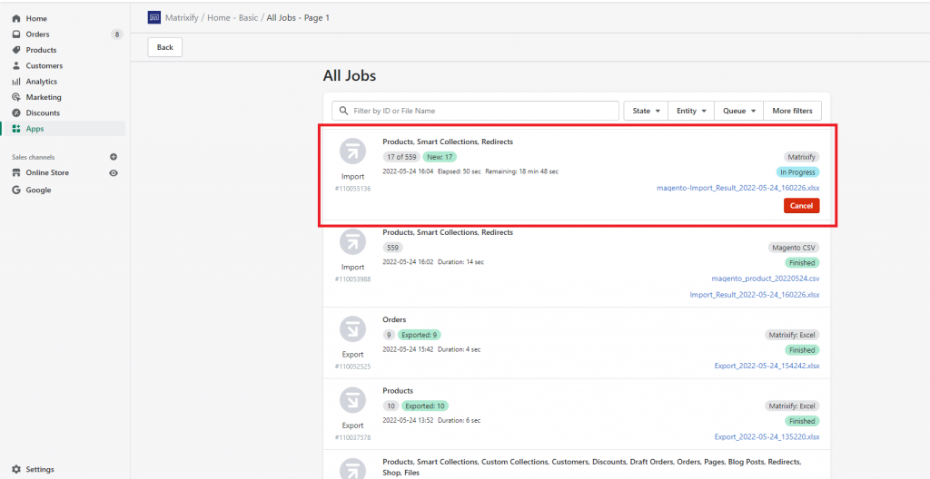 All Jobs page - import job Magento migration shopify csv excel Excelify