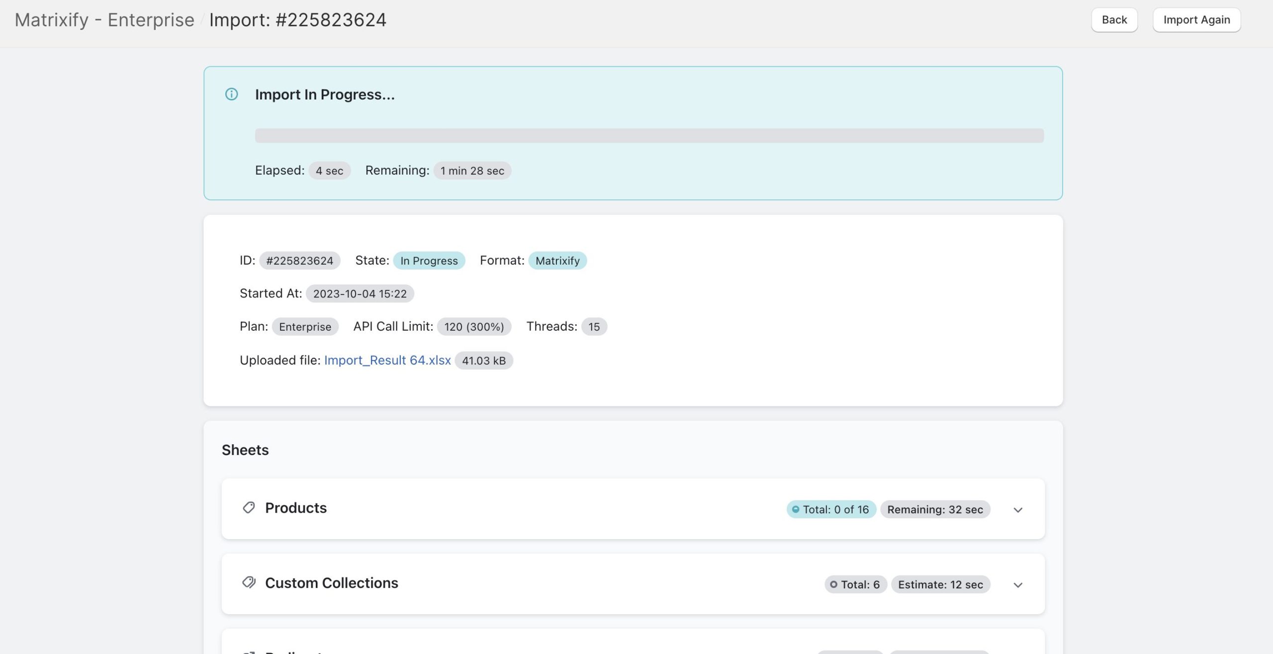 BigCommerce API Import Results file Import in progress