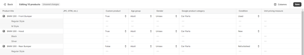 Bulk manage Shopify Google Sales Channel Product fields data for specific product - Matrixify