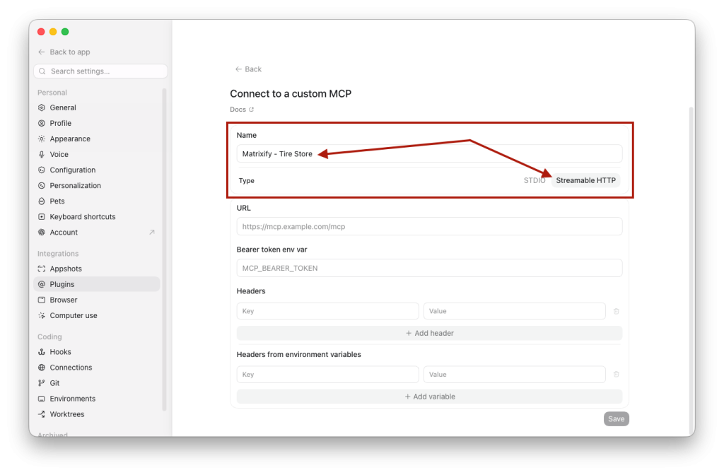 ChatGPT Desktop MCP connection Name and Type for Matrixify Shopify