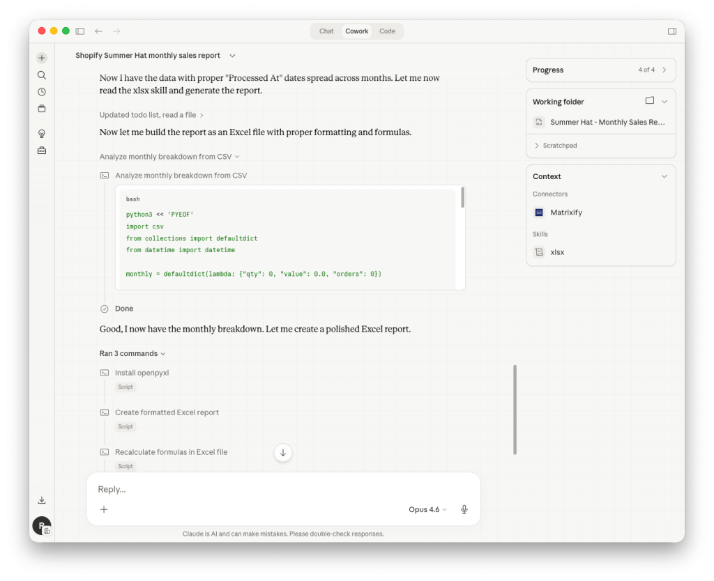Claude AI generates custom report from Matrixify app exported Shopify data