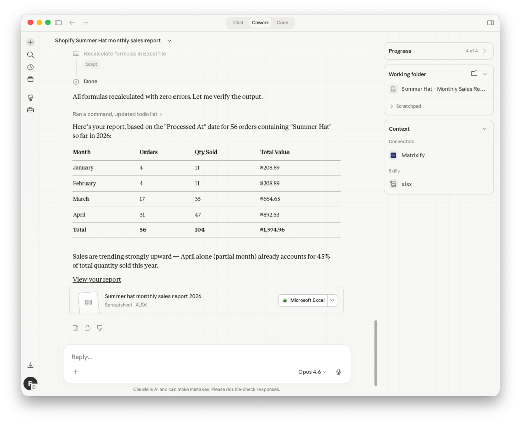 Claude Cowork returns custom data report from Matrixify exported Shopify data