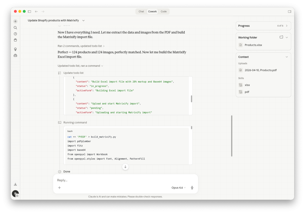 Claude Cowork writes py script to convert supplier file to Matrixify import template