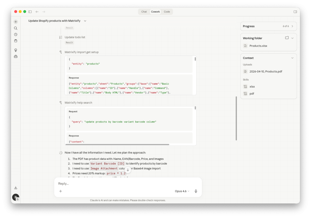 Claude using Matrixify MCP to learn about Matrixify app funcionality and usage