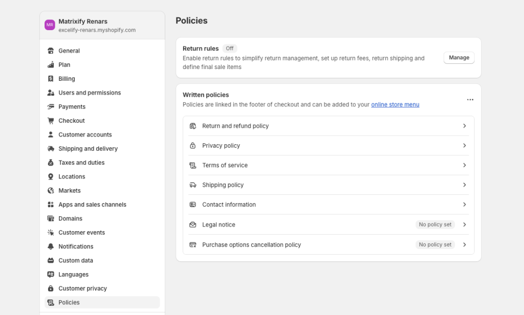 Clone Shopify stores bulk Matrixify - Shopify store policies
