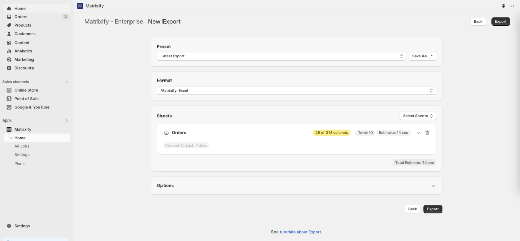 Create new export Matrixify Shopify Excel CSV XLSX - save export template preset settings configuration