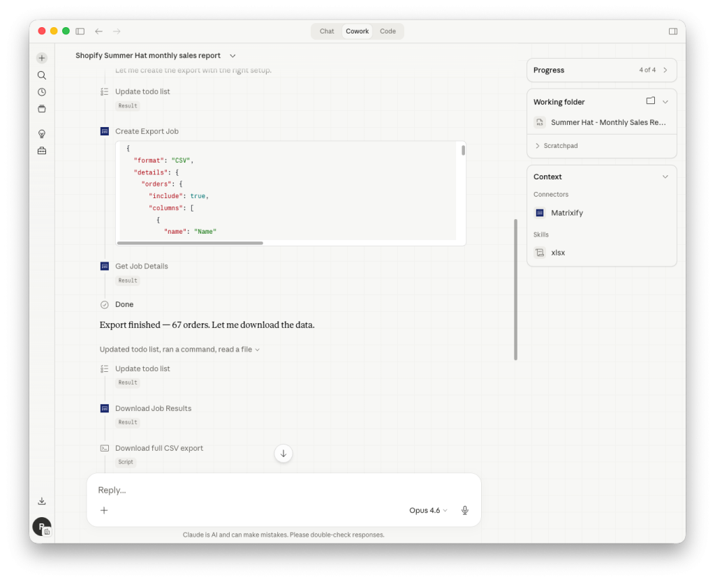 Creating export job in Matrixify app via Claude AI