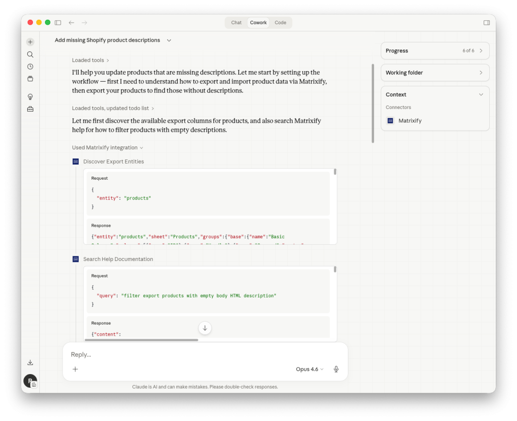 Example 3 - Claude AI using Matrixify MCP to learn export setup and get matrixify help