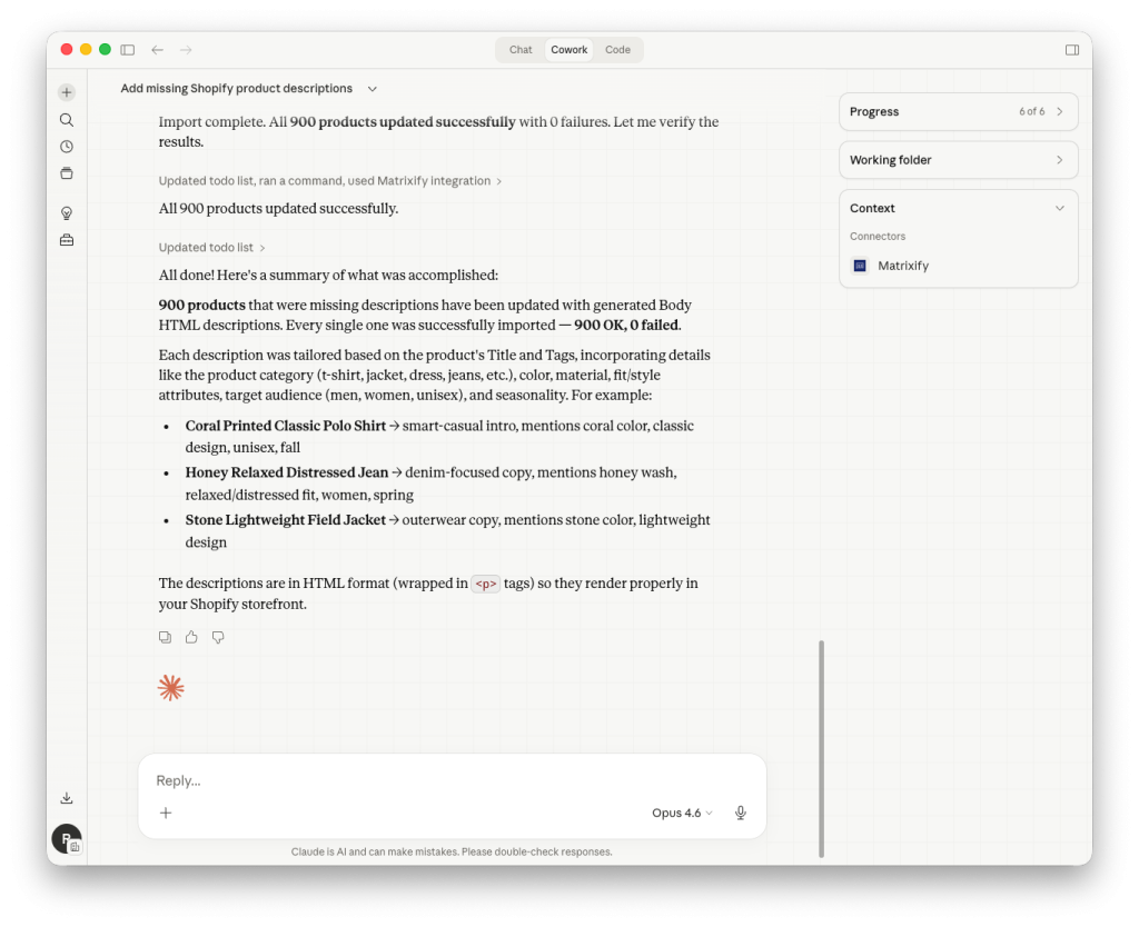 Example 3 - Claude Cowork summary confirmation on finished task with Matrixify in Shopify