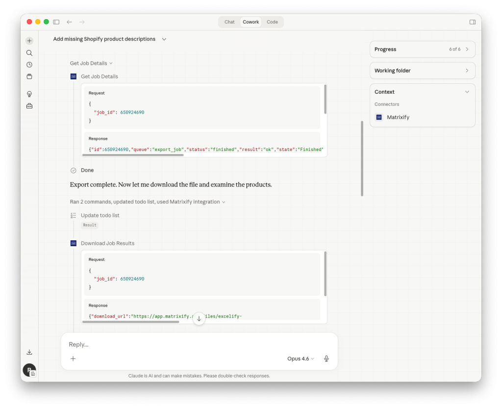 Example 3 - Matrixify MCP returns export job details and file download to the Claude AI