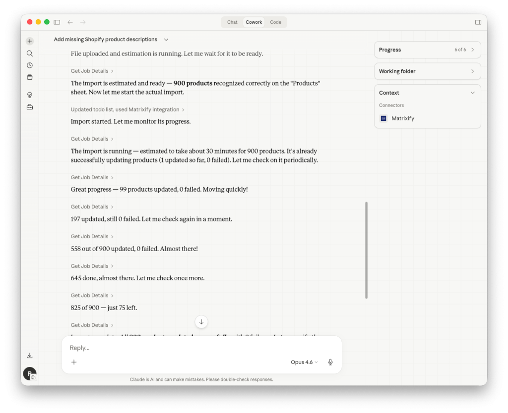 Example 3 - Matrixify app import job progress by Claude Cowork
