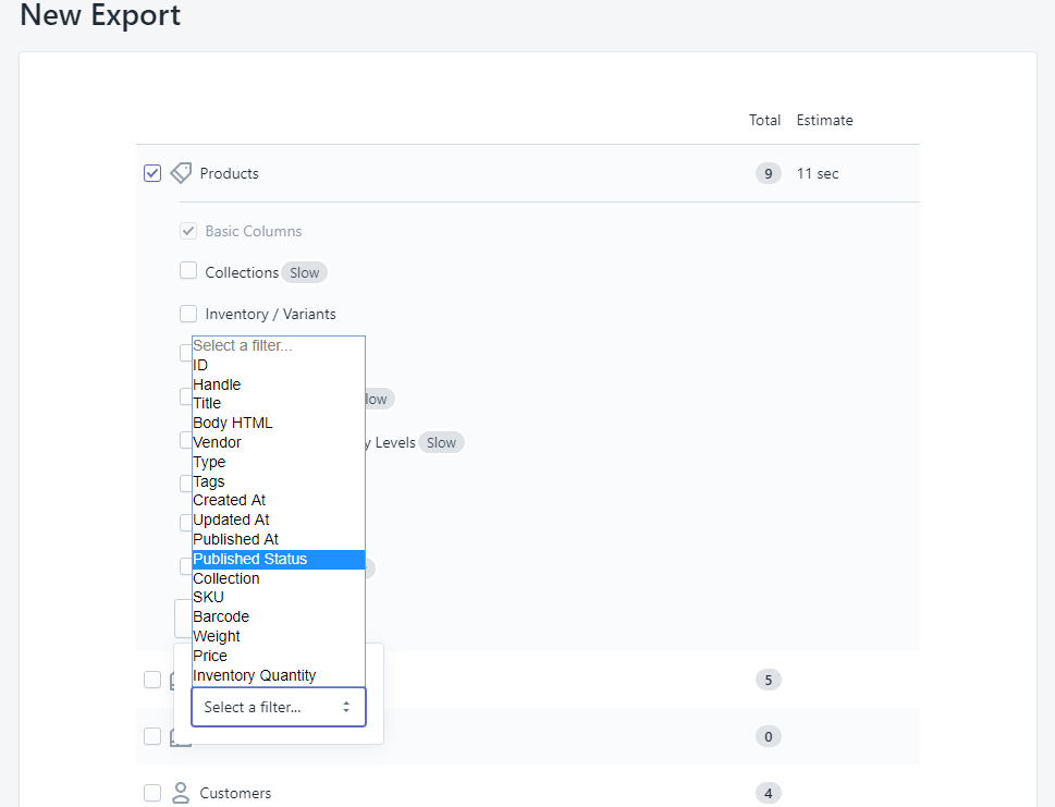 Matrixify select filters for your products export excel csv shopify