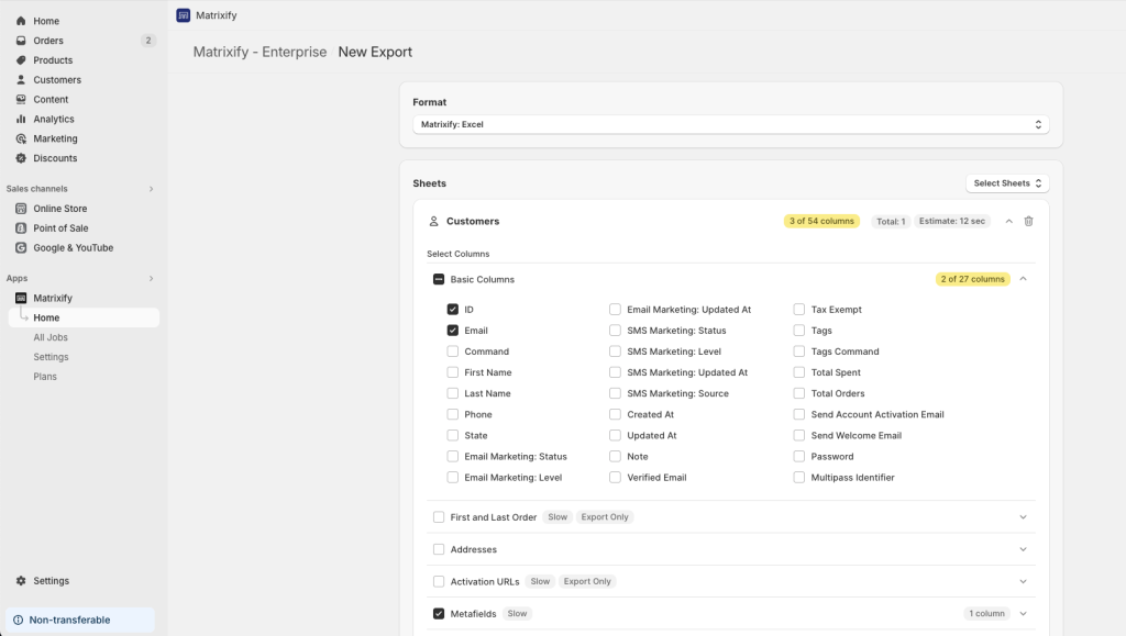 Export Shopify Customer Metafields bulk manage update import change type Matrixify app
