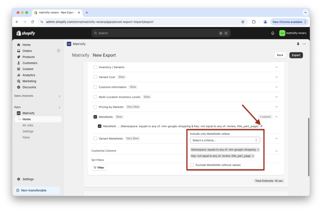 Export Shopify metafields with Matrixify Excel CSV select metafield columns