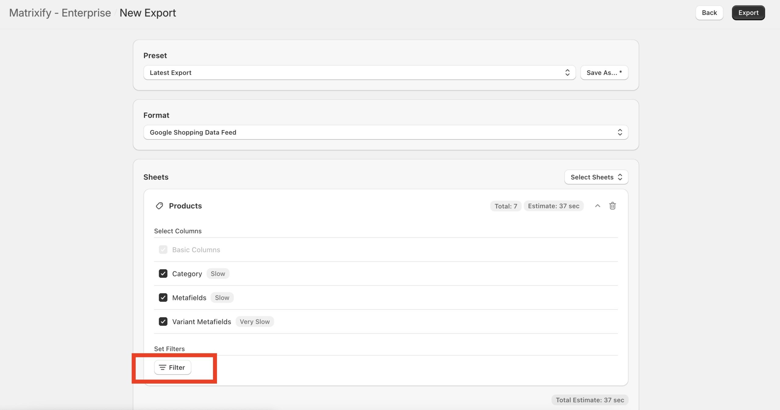Export filter when filtering Google Shopping Data Feed Export