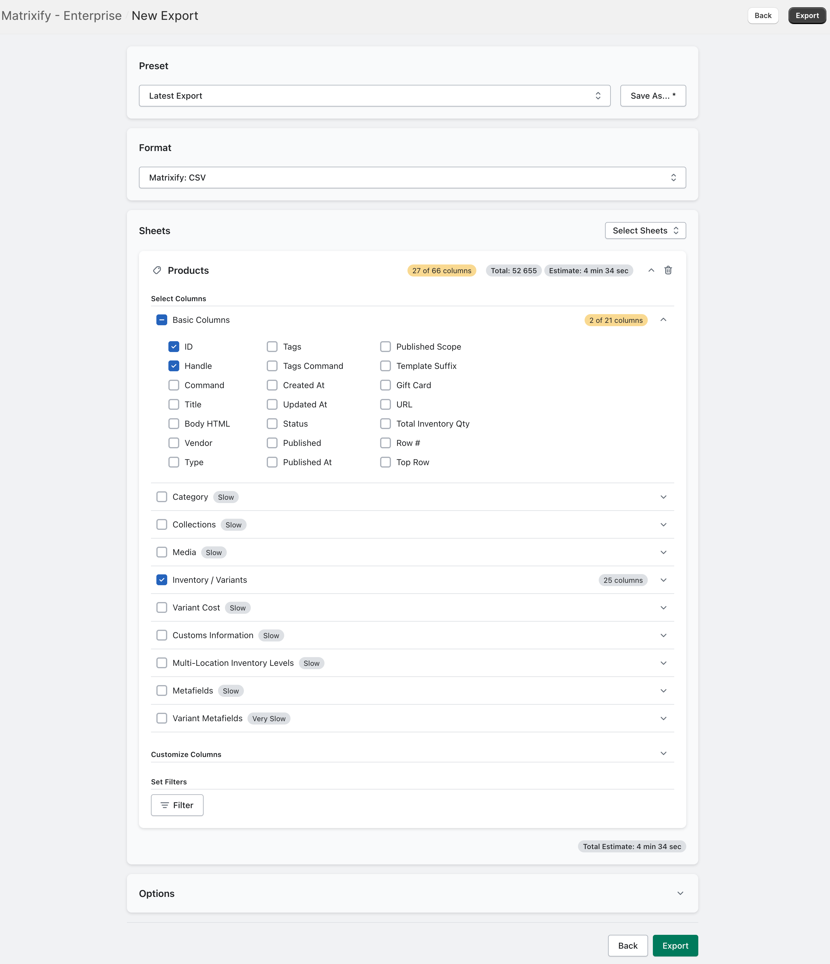Export set up to Export only certain Basic Columns
