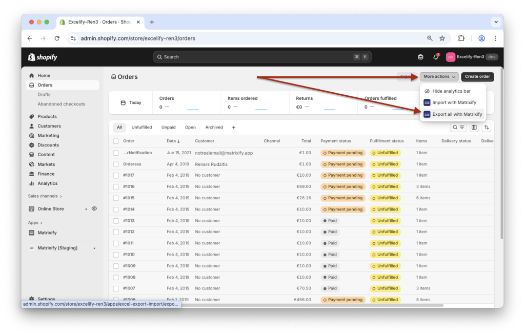 Export specific entity with Matrixify from Shopify Admin More Actions