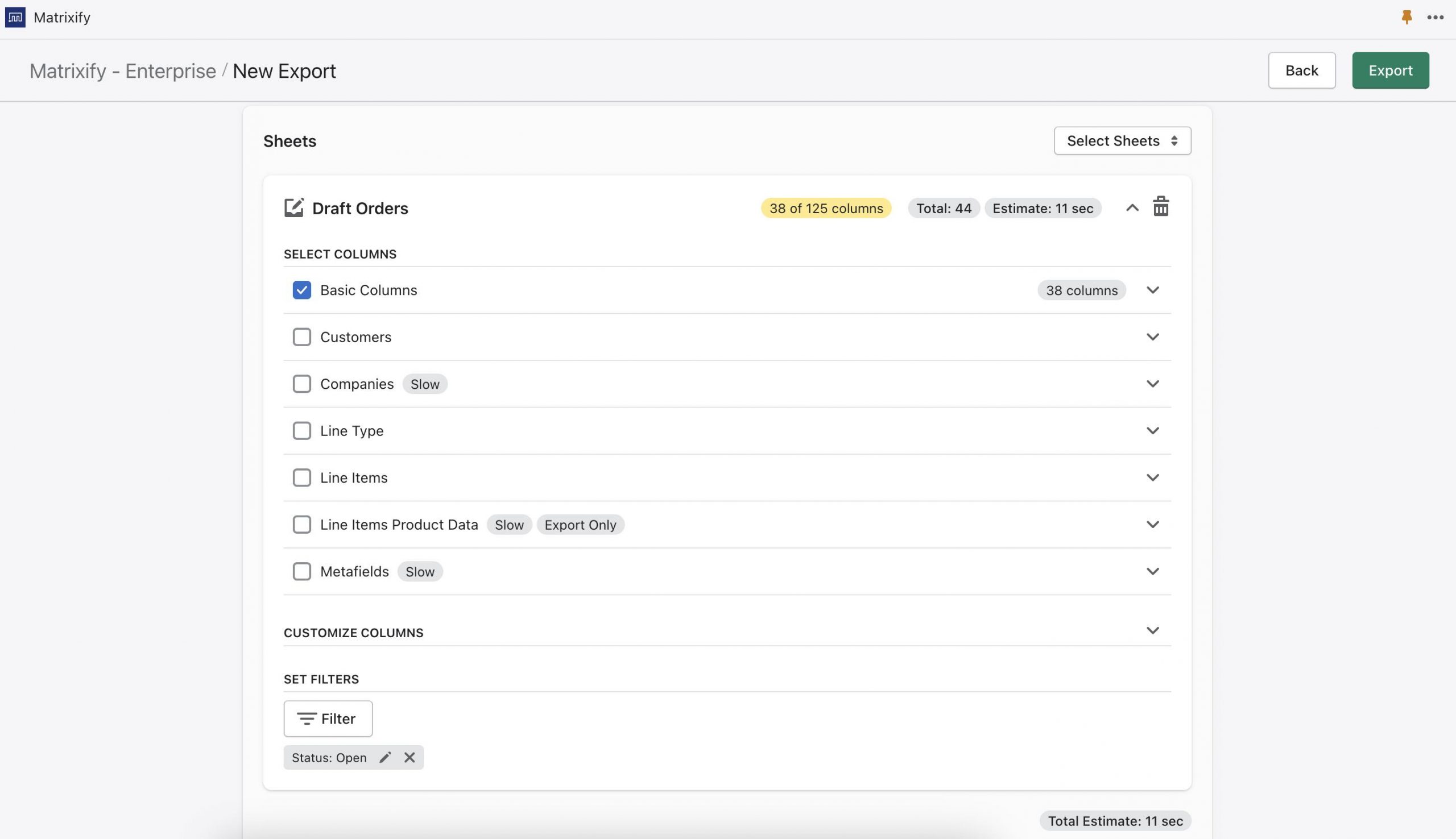 Exporting Open Draft Orders with Matrixify