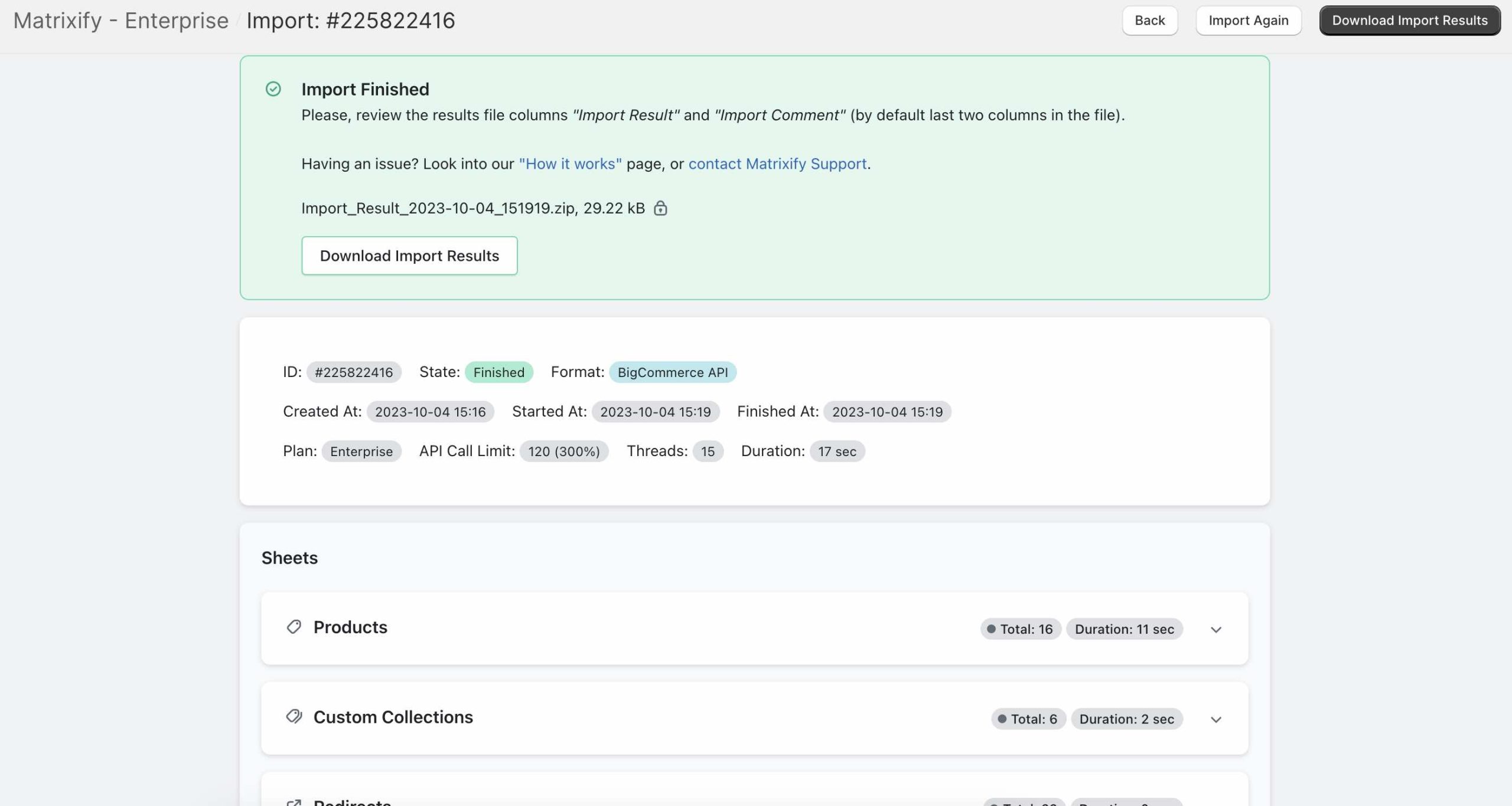 Finished dry-run for BigCommerce API Import