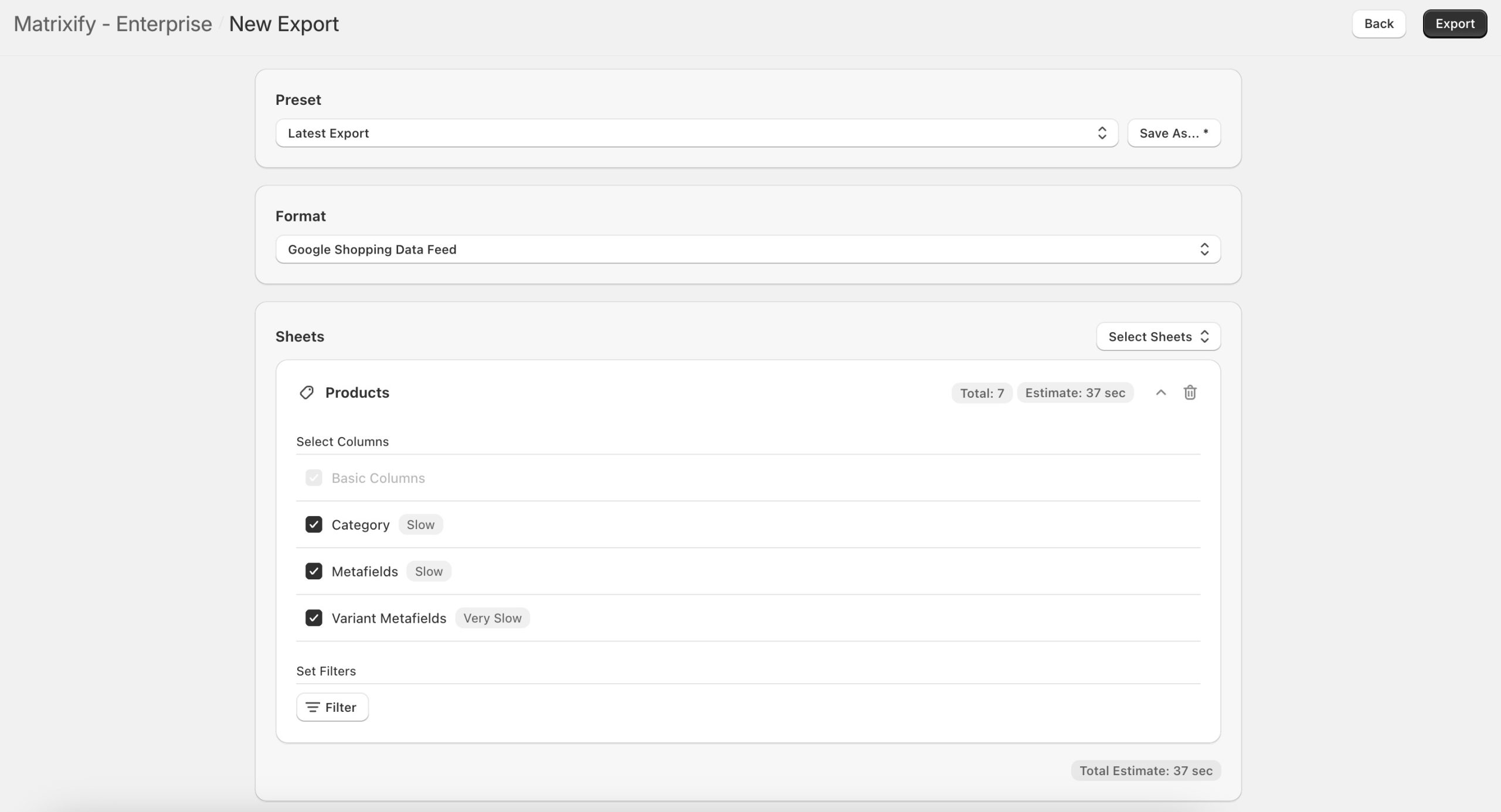 Google Shopping Data Feed Export in the Matrixify app Export page