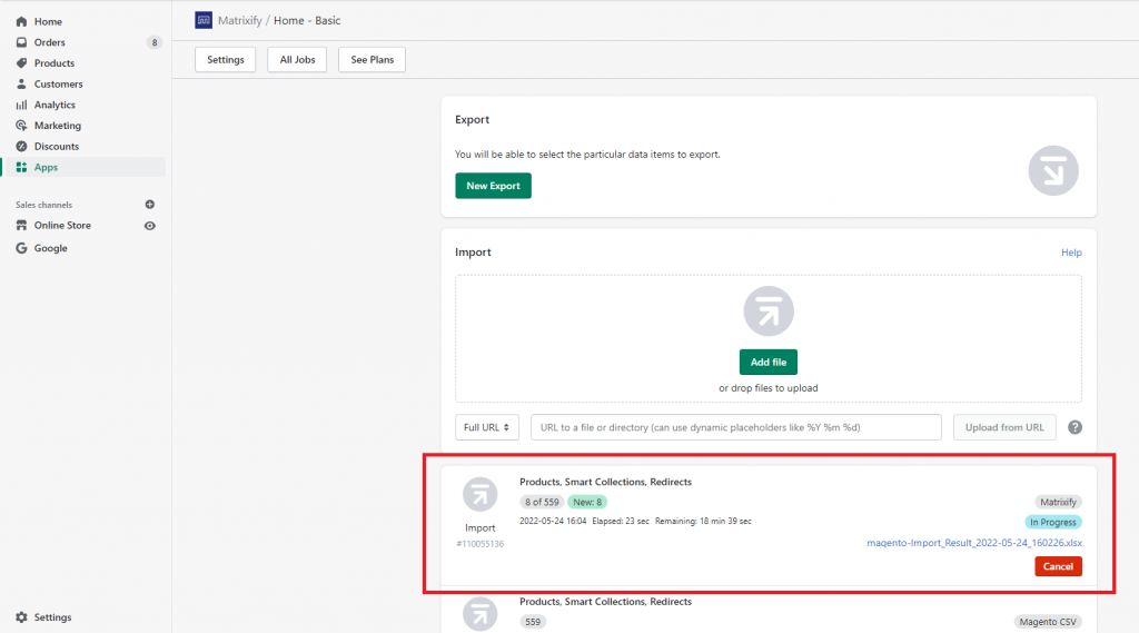Hope page - import job Magento migration shopify csv excel Excelify