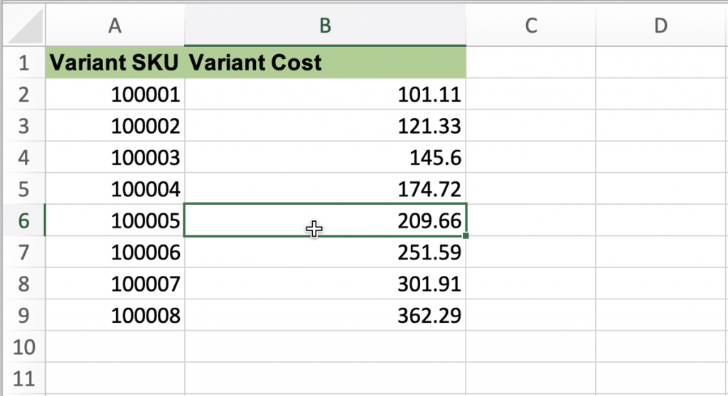 Import Variant Cost to Shopify - update by SKU
