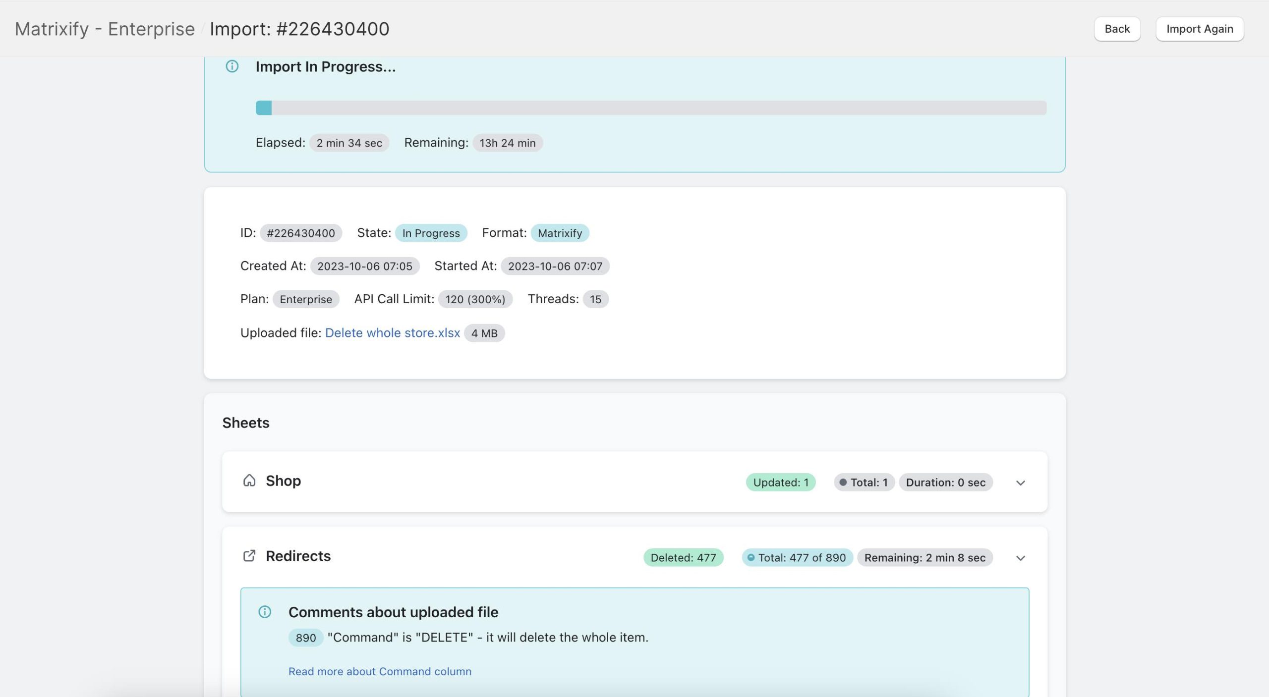 Import in progress to delete everything from store
