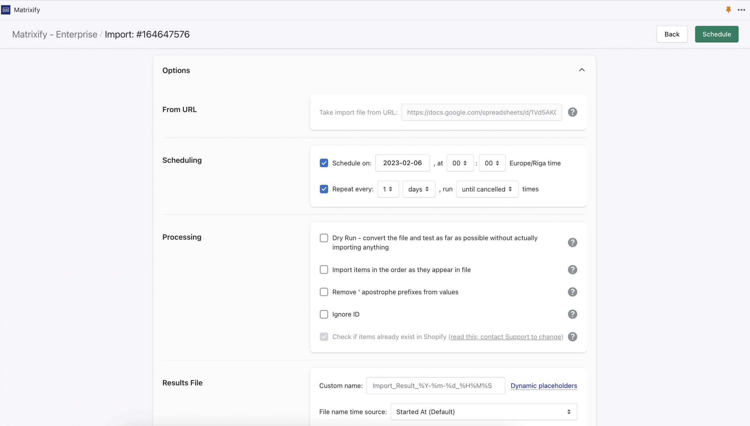 Import options for Google Drive fie Import