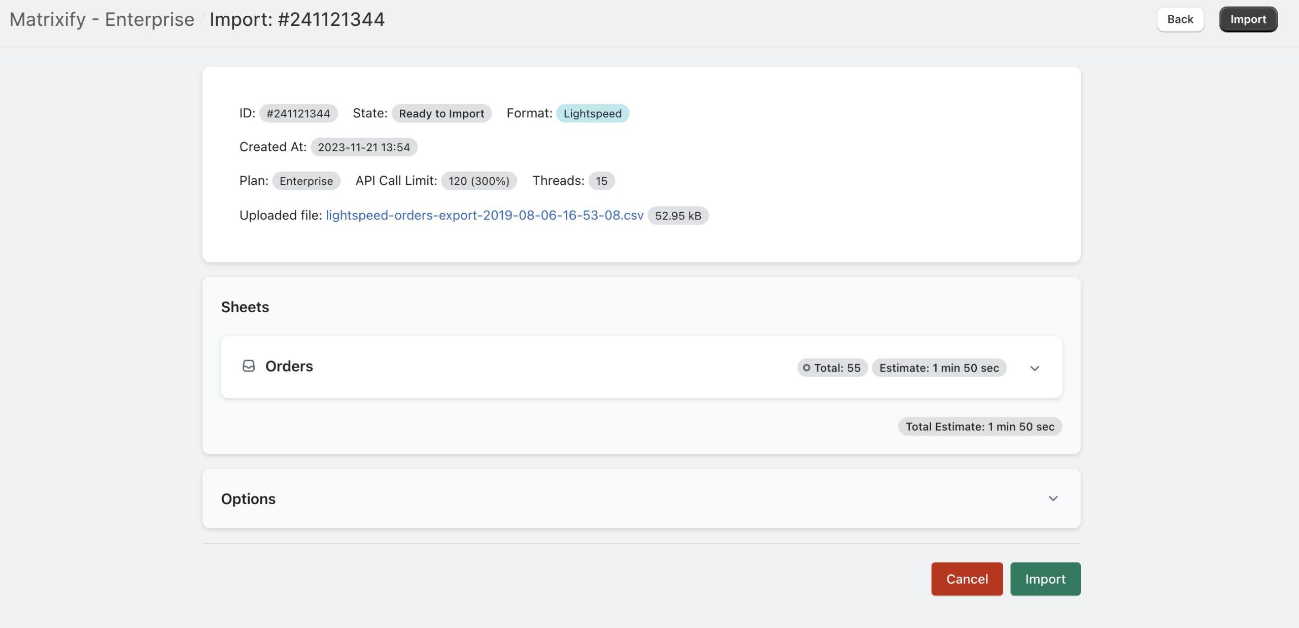 Lightspeed Orders dry-run Import