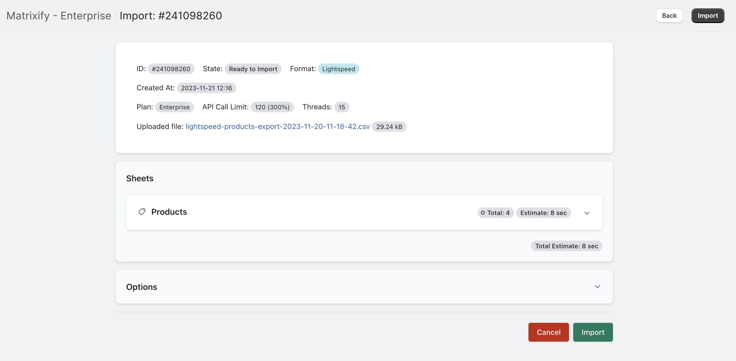 Lightspeed Products Import page