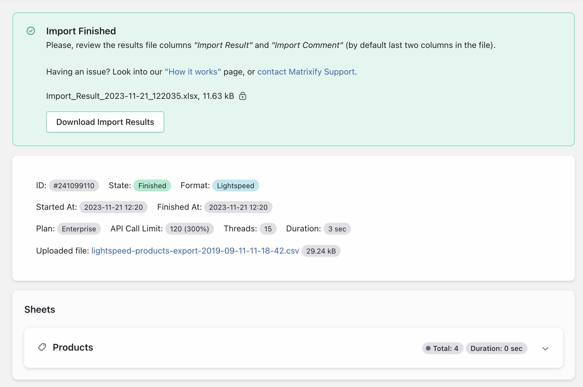 Lightspeed Products dry-run Import Completed