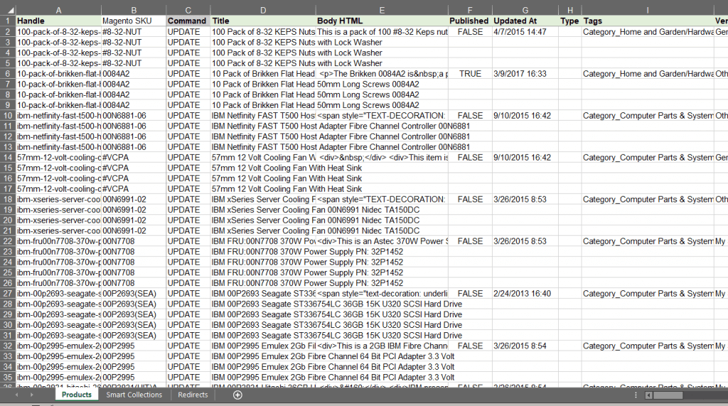 Magento Matrixify Excel products sheet Shopify migration
