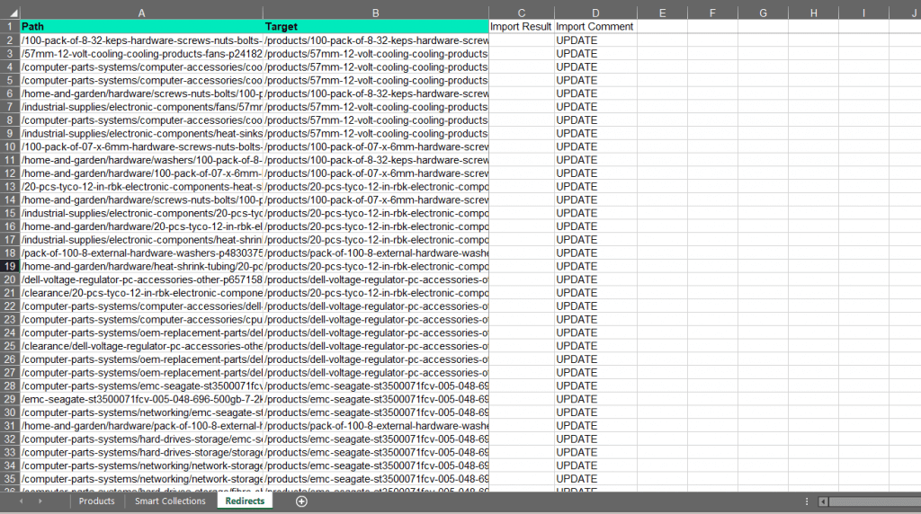 Magento Matrixify Excel redirects sheet Shopify migration